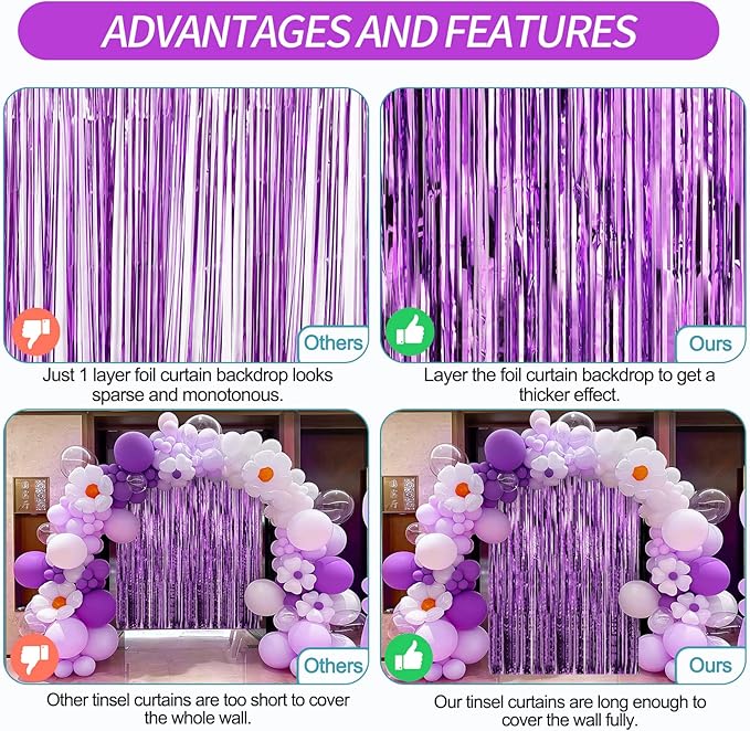 Crosize 2 Pack 3.3 x 9.9 ft Purple Foil Fringe Backdrop Curtain, Streamer Backdrop Curtains, Streamers Birthday Party Decorations, Tinsel Curtain for Parties, Galentines Decor, Preppy, Photo Booth