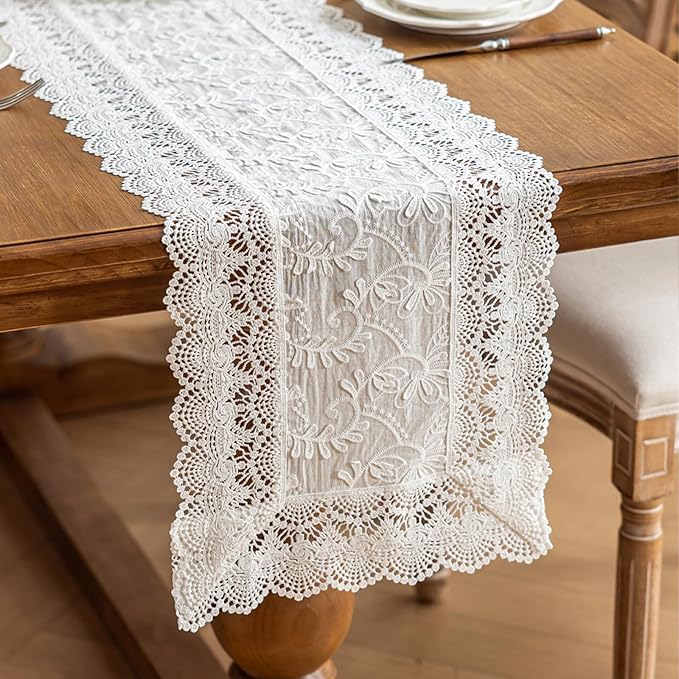 White Elegant Vintage Lace Table Runner,Wedding Lace Decor with Floral Embroidery,Tea Party Decor (White, 13.8X86 Inches)