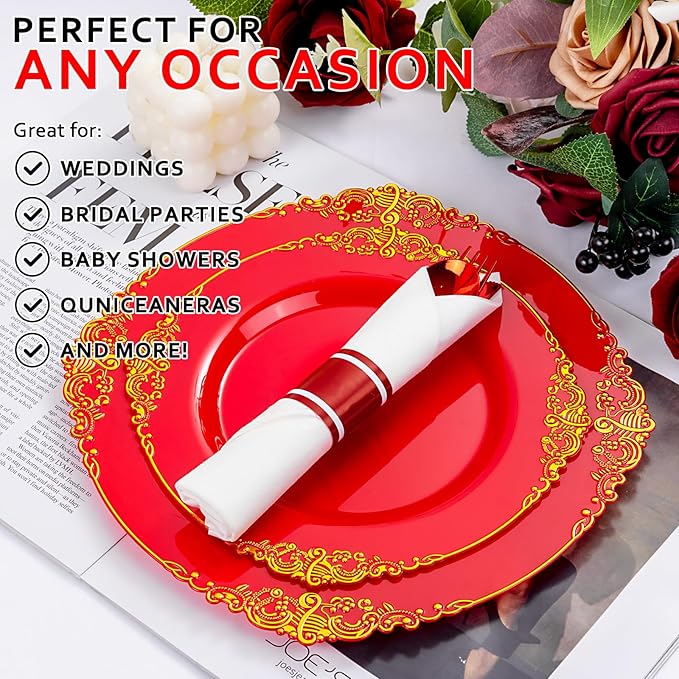 400PCS Pre Rolled Red Plastic Silverware Sets - Heavy Duty Red Cutlery - Include 100 Pack Wrapped Disposable Utensils with Napkins for Christmas Parties & Dinners & Weddings