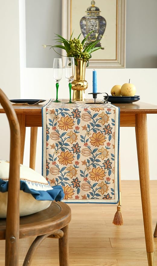 ISAENNE Designer Bohemian Elegant Linen Table Runner 71 Inches Long,Floral Pattern Duable Decor Table Runners for Dining Tables,Thanksgiving,Kitchen Tables,Christmas,12"*71"-Estevan B