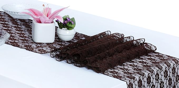 MDS Pack of 25 Wedding 12 x 108 inches Lace Table Runner for Wedding, Decorations for Birthday Parties, Banquets, Graduations, Engagements, and Runners fit Rectangle, Round Table- Coffee
