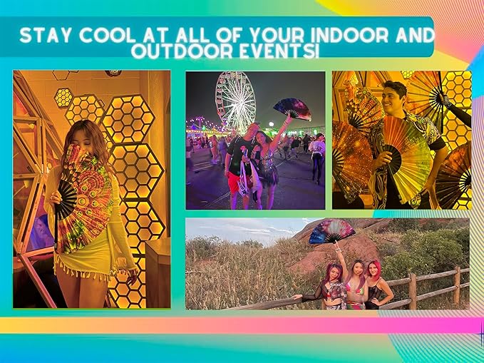 Large Rave Fan - 2 Pack Handheld Folding Fans With Holder - Accessories for Festivals, EDM, Burlesque, Drag Queen, Raver Gifts (Meteorite)