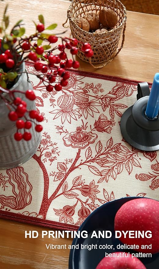 ISAENNE Designer Chinoiserie Elegant Linen Extra Long Table Runner 118 Inches,Red Floral Pattern Decor Table Runners for Thanksgiving,Dining Room,Banquet,Kitchen Tables,Christmas,12"*118"-Ruyi A