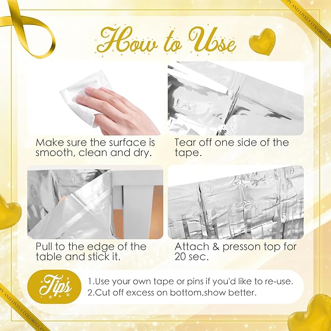 2 Pack Silver Table Skirts, 29x108" Metallic Foil Tinsel Fringe Table Skirts for Rectangle Tables Streamer Curtains Backdrop, Party Decorations for Birthdays Weddings Holidays