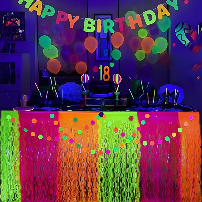 Mega-L Glow in The Dark Party Supplies, 2 Pack Neon Party Decorations Fluorescent Macaron Orange, Yellow and Fuchsia Wavy Metallic Tinsel Foil Fringe Table Skirts, Perfect Table Decors Glow Decors