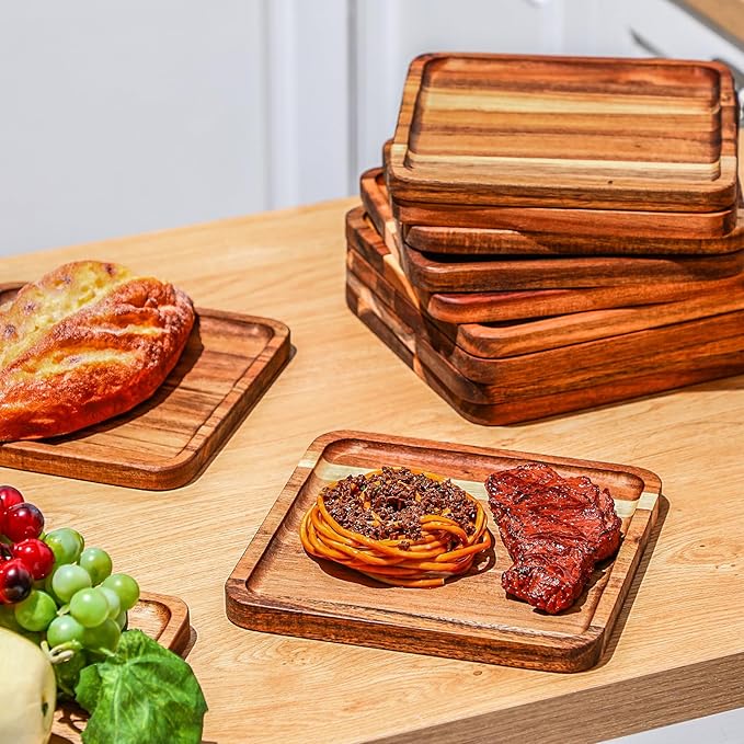 Roshtia 12 Pcs Wooden Plates Square Acacia Wood Charcuterie Board Wedding Dinner Serving Tray Charger Appetizer Kitchen Platter Cheese Steak Tableware Gift for Snack Dessert Salad Fruit (8 Inch)