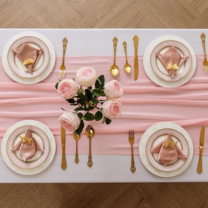 12Pack 9ft Chiffon Table Runner 14x108 Inch Sheer Romantic Table Runner for Wedding Birthday Party Bridal Shower Outdoor Decoration-Light Pink