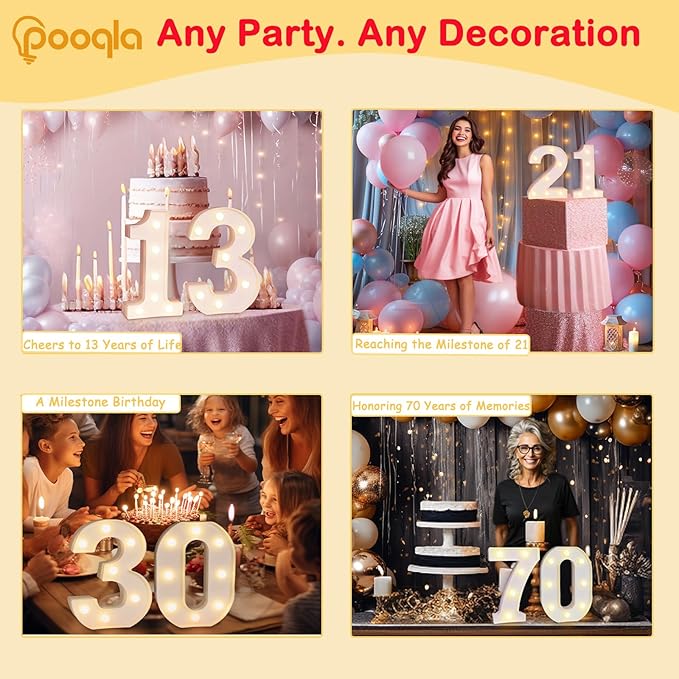 Pooqla Decorative Led Light Up Number Letters, White Plastic Marquee Number Lights Sign for 10th Birthday Party Wedding Decor Battery Operated Number (10)