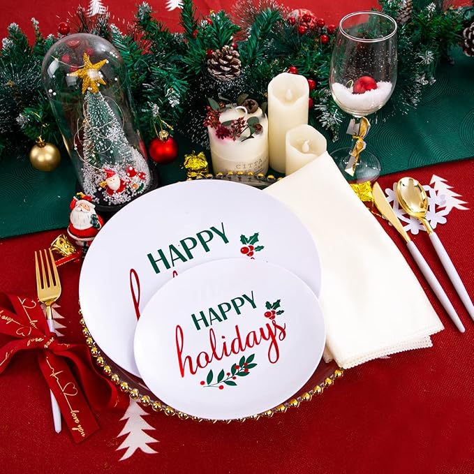 Supernal 150pcs Easter Plastic Dinnerware with Plastic Plates,White and Gold Silverware, Easter Disposable Party Plates with "Happy Holiday" Design for Festival Gatherings