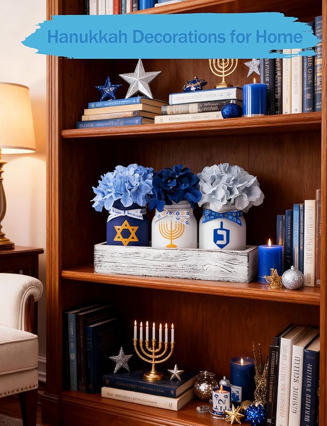 Hanukkah Decorations for Home, Chanukah Table Decor with Mason Jars, Hydrangea, Wood Tray, Hanukkah Gifts Table Centerpieces, 25 Pcs Chanukah Decorations Indoor for Living Room Bedroom