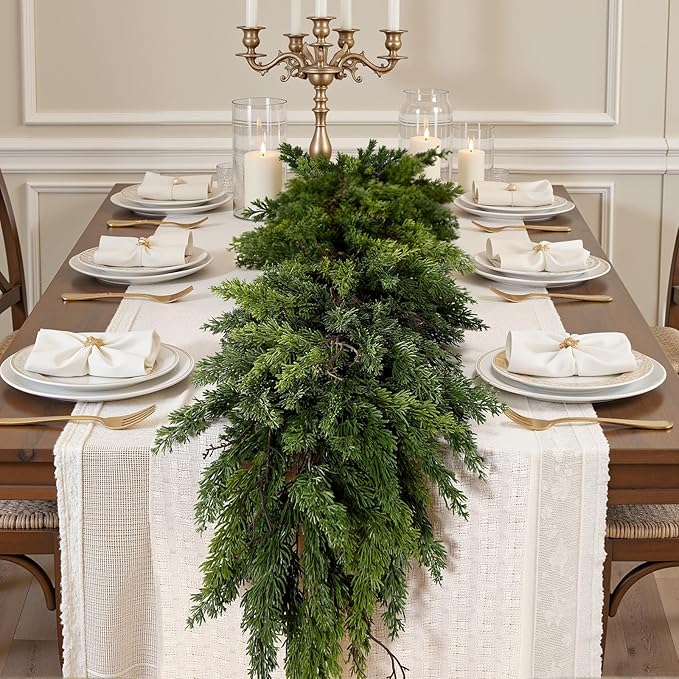2PCS 6FT Artificial Christmas Garland, Real Touch Greenery Cypress Pine Garland for Mantle Table Railing Fireplace Indoor & Outdoor Christmas Decoration