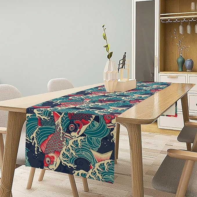 Kio Fish Table Runner Waves Japanese Tradition Art Printed Burlap Runner Home Kitchen Dining Table Living Room Decor Fabric 1 Panel W13xL60in