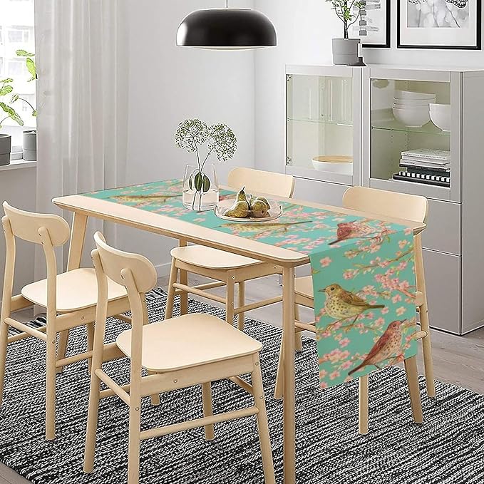 Table Runner with Flowers and Birds, Spring Plant Flowers Table Decoration Linen Table Runner Family Party Party Decorations 13x60 Inches
