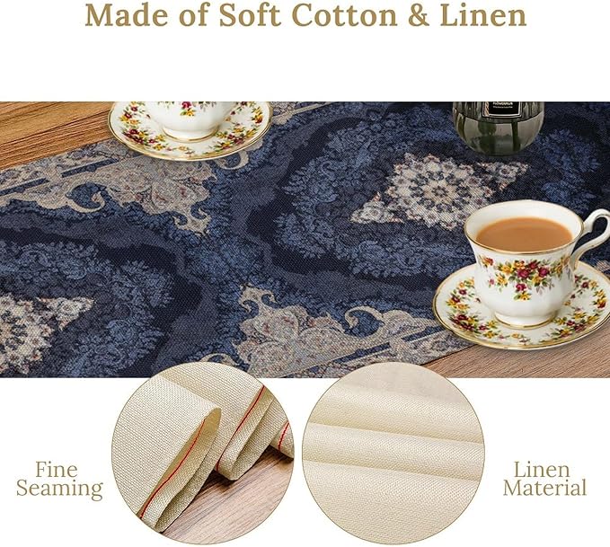 Vintage Boho Floral Table Runner, Rustic Country Farmhouse Dark Blue Grey Retro Flower Pattern for Home Kitchen Table Decor Dining Coffee Room Party Decor 13x72in