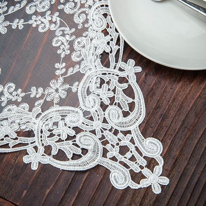 ARTABLE Rectangle Table Runner Lace Macrame Embroidered Table Runners with Exquisite Vintage Shabby Chic for Holiday Wedding Long Dinner Tables (White, 12 x 60 Inch)