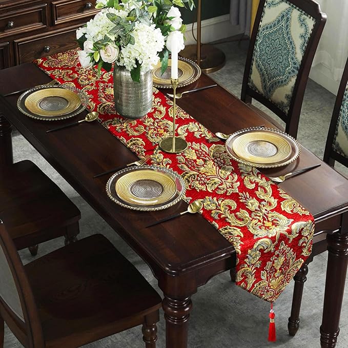 Exquisite Red Table Runner Large 108 inch Tassels Dazzling Vintage European Floral Chenille Fabric