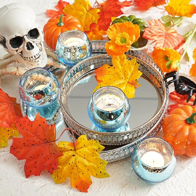 Homemory 24 Pcs Blue Votive Candle Holders, Round Mercury Glass Candle Holder, Tealight Candle Holders for Table Centerpieces, Baby Showe, Anniversary, Wedding, Home Decor, Halloween, Christmas