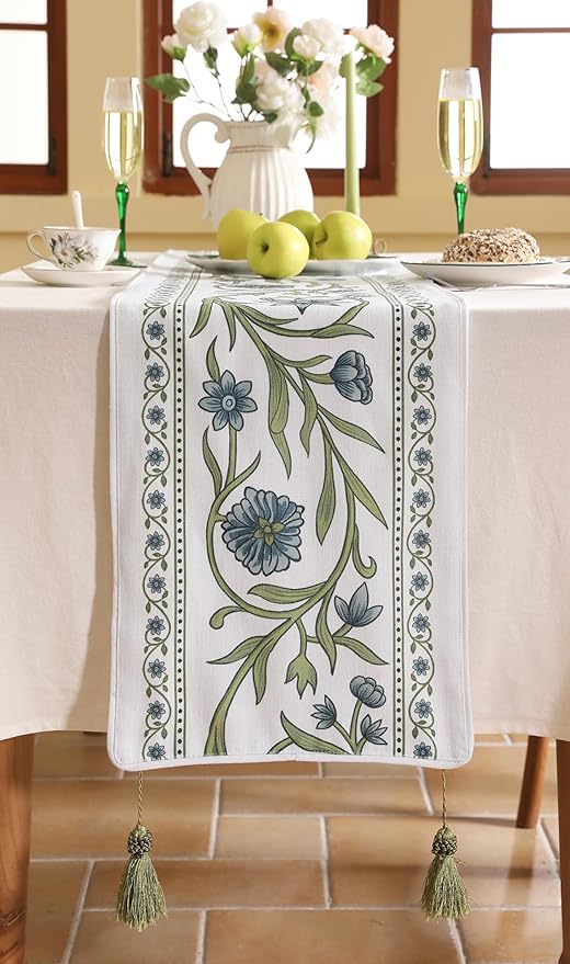 ISAENNE Designer Elegant Linen Table Runner 71 Inches Long,Vintage Blue Floral Pattern Decor Table Runners for Dining Tables,Kitchen Tables,Thanksgiving,Christmas,Banquet,12"*71"-Mosella E