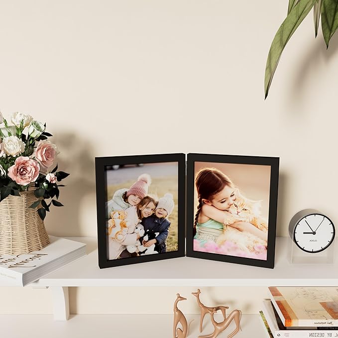decorUhome Double 8x10 Picture Frame Vertical, Engineered Wood Bifold Photo Frame with Plexiglass for Tabletop Display, 8x10, Black