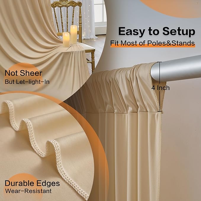 40×14 ft Wrinkle Free Beige Backdrop Curtain for Weddings Parties, 8 Panels 14ft Silky Polyester Wedding Drapes Backdrop Photo Back Drop Cloth for Birthday Baby Shower Photography Backgrounds
