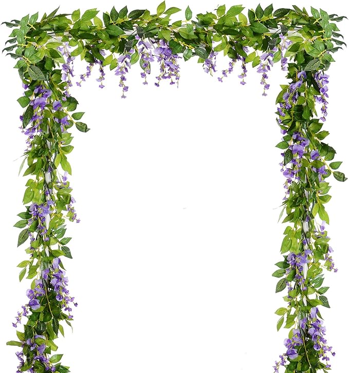 DearHouse 4Pcs 6.6Ft/Piece Artificial Flowers Silk Wisteria Garland Artificial Wisteria Vine Rattan Silk Hanging Flower for Home Garden Outdoor Ceremony Wedding Arch Floral Decor(Light Purple)