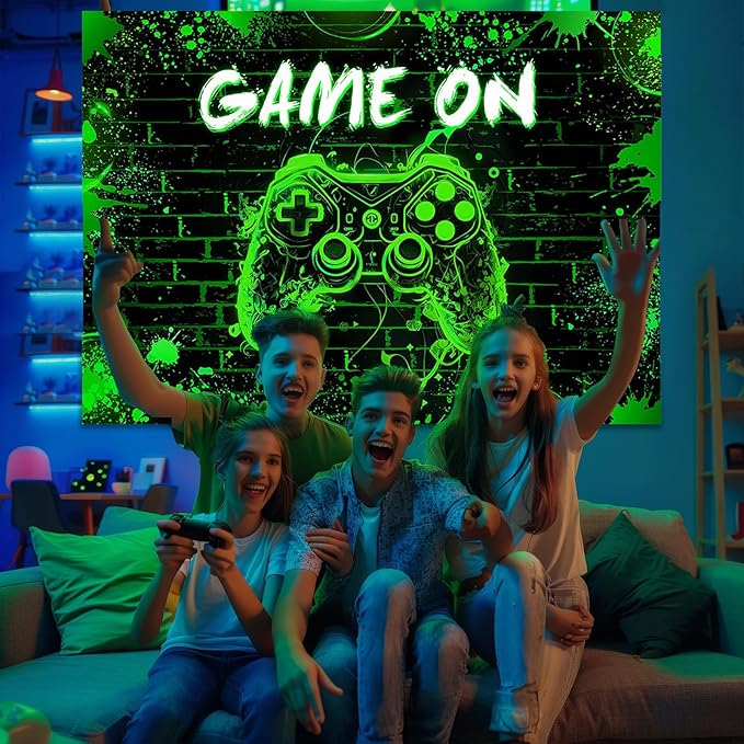 Mocsicka Game On Backdrop Video Game for Boys Level Up Birthday Party Decoration Game Night Arcade Neon Glow Gamer Banner Photography Background (Green, 6x4ft(72"x48"))