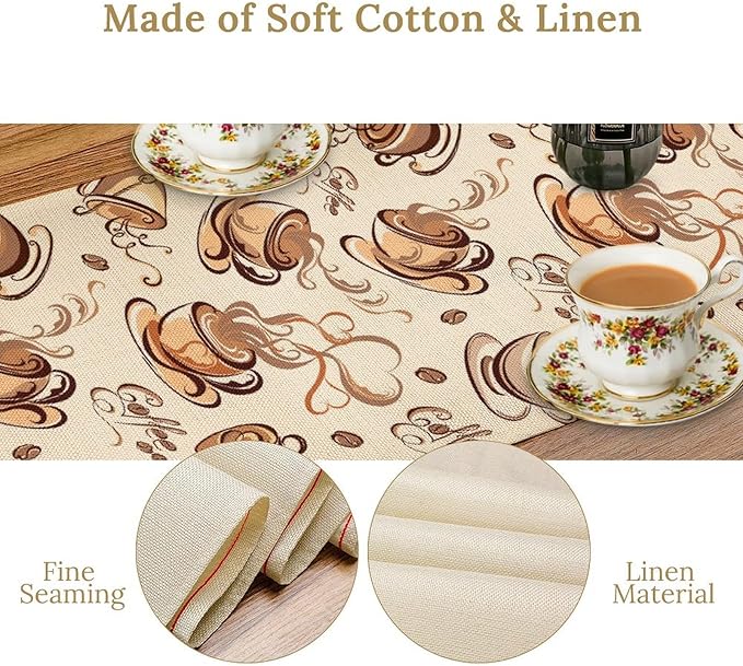 Coffee Time Table Runner, Farmhouse Retro Coffee Cup Tea Party Cafe Table Center Decor for Home Kitchen Dining Patio Holiday Party Indoor Outdoor Table Decorations,13"x90" Inch