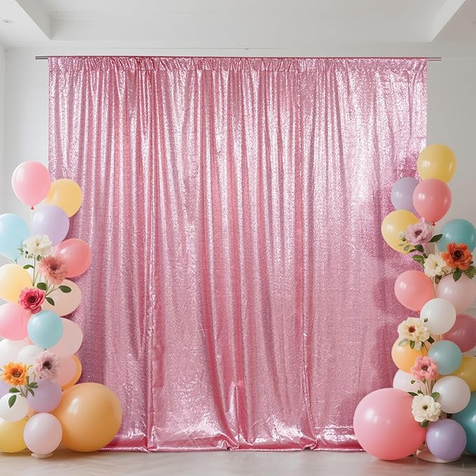 SquarePie Sequin Backdrop Curtain Not See Through Thick Glitter Background for Party 7FT x 7FT Fuchsia Pink