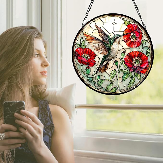 Stained Glass Window Hanging - Green Hummingbird Red Flower Suncatcher for Door Terrace Garden Home Decor Bird Landscape Sun Catcher Birthday Gifts for Lovers Women Men Dad Mom Nana 6.3 in