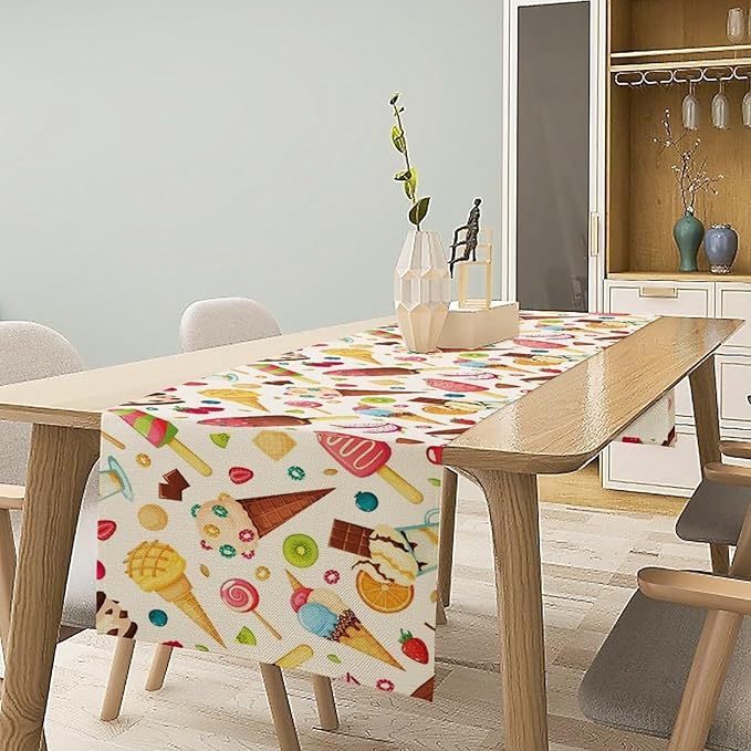 Ice Cream Table Runner, Fruit Ice Popsicles Cold Summer Desserts Seasonal Dinner Runner for Party Holiday Home Kitchen Dining Table Decor 13"x60"