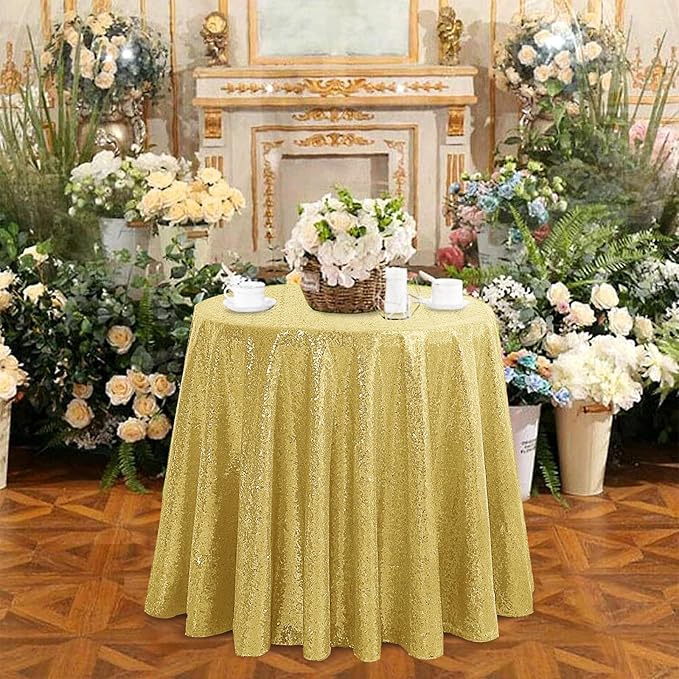 OQSQ Gold 50" Round Sequin Tablecloth, Glitter Tablecloth for Bridal Shower Decorations, Birthday, Wedding, Dessert, Banquet.