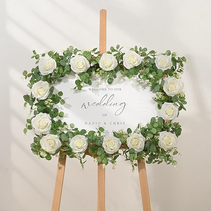 Dolicer 4Pcs 26Ft Artificial Eucalyptus Garlands with Flowers - 8 Roses, Faux Floral Greenery Garlands Fake Flowers Vines for Wedding Table Centerpieces Arch Party Ceremony Backdrop Decor (White)
