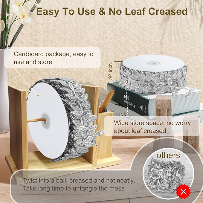 Naidiler Leaf Ribbon, Artificial Vines Leaves String Trim Ribbon Wild Jungle Botanical Greenery for Baby Shower Party Wedding Home Wreaths & DIY Craft (Silver 120Ft)