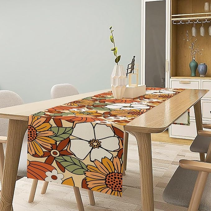 Vintage Floral Table Runner,Boho 70s Style Retro Flower Table Cloth Kitchen Dining Table Home Party Decoration 13x60 Inch
