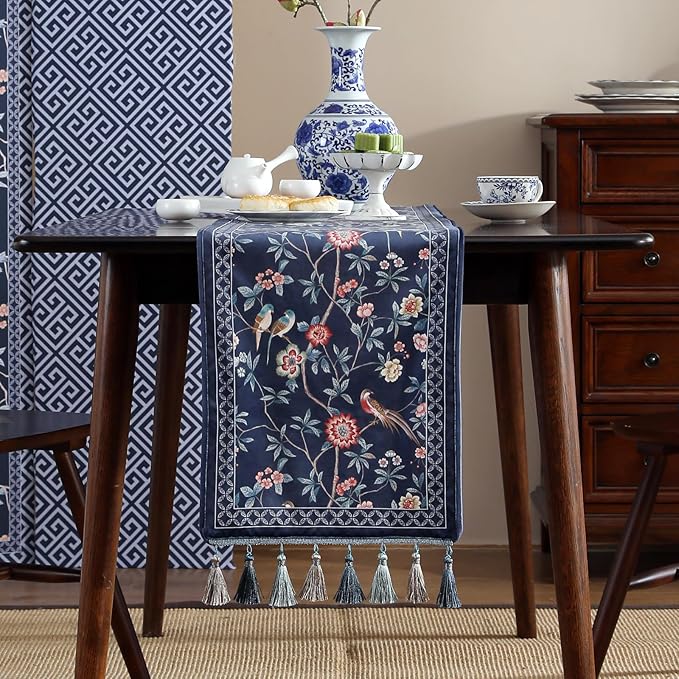 patdrea Vintage Chinoiserie Floral Table Runner Farmhouse for Home Kitchen Dining Decor Parties Family Dinners 12"*87"