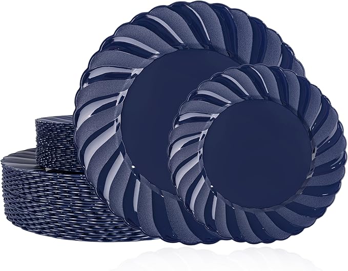 U-QE 60 Pcs Blue Plastic Plates for Party – Scalloped Blue Plates Disposable Heavy Duty – Include 30 10.25" Dinner & 30 7.25" Dessert Plate - Perfect for Birthday Parties, Baby Showers, and Weddings