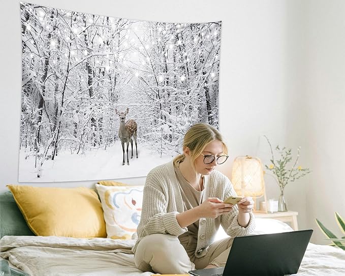 QGHOT Winter Tapestry Wall Hanging Snow Scene Backdrop Winter Wonderland Wall Decor Snowy Forest Wall Art Nature Woodland Deer Tapestry for Bedroom Room Dorm Party Decoration