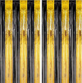 2 Pack Black and Gold Foil Fringe Backdrop Curtains, Tinsel Streamers Birthday Party Decorations, Fringe Backdrop for Graduation, Baby Shower, Gender Reveal, Disco Party