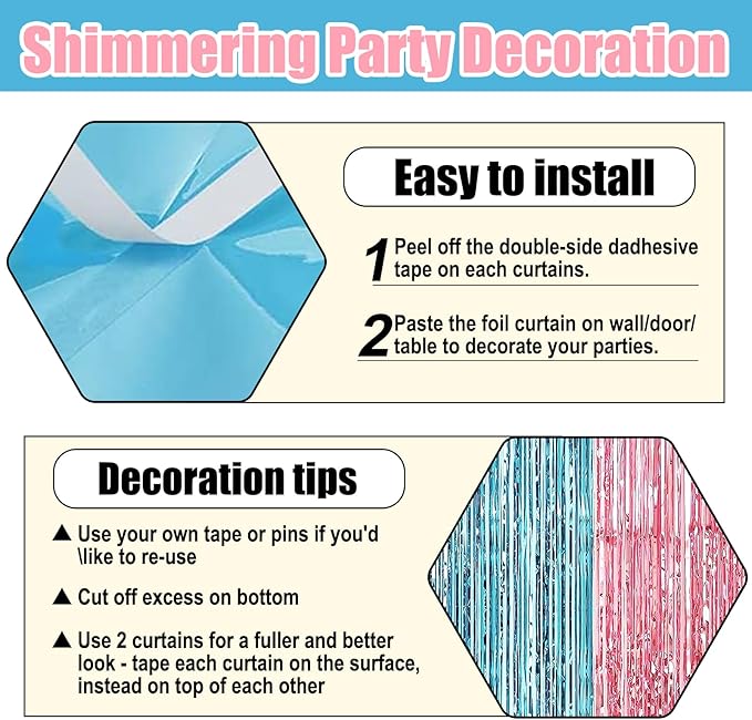 6 Pack Pink Blue Foil Fringe Curtain Backdrop, 3.28Ft x 8.2Ft Metallic Tinsel Foil Fringe Streamer Curtains for Photo Booth,Birthday, Christmas Day, New Year, Wedding Party Decorations