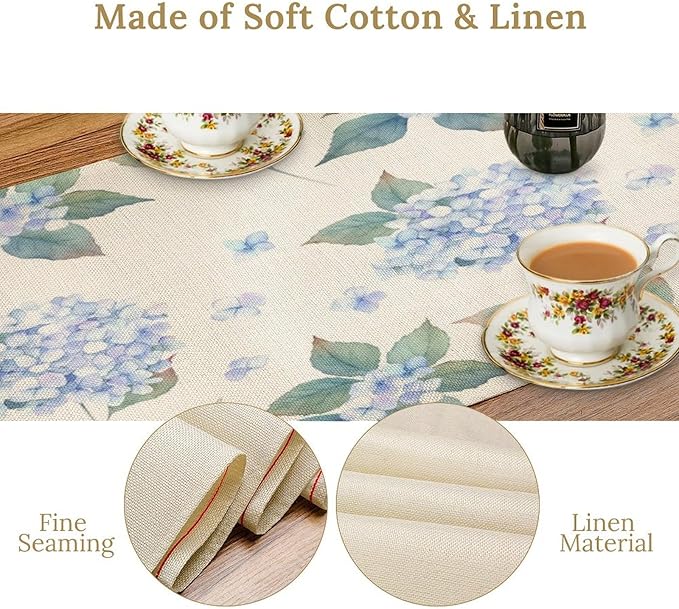 Spring Hydrangea Flower Table Runner, Seasonal Summer Plants Watercolor Blue Florals Dinner Runner for Home Kitchen Dining Table Party Holiday Decoration 13"x90"