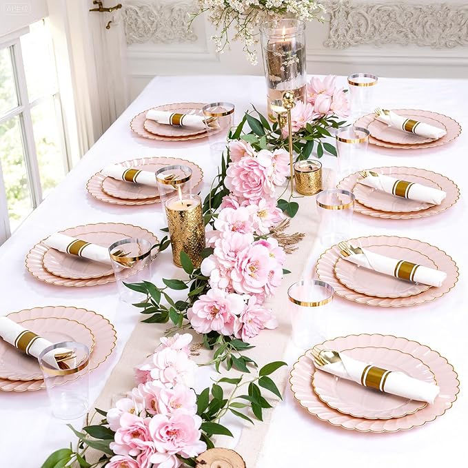 YOUBET 350PCS Pink Scalloped Plastic Plates - Pink and Gold Disposable Dinnerware Set Include 100 Plates, 150 Gold Silverware, 50 Cups, 50 Napkins for Wedding & Party
