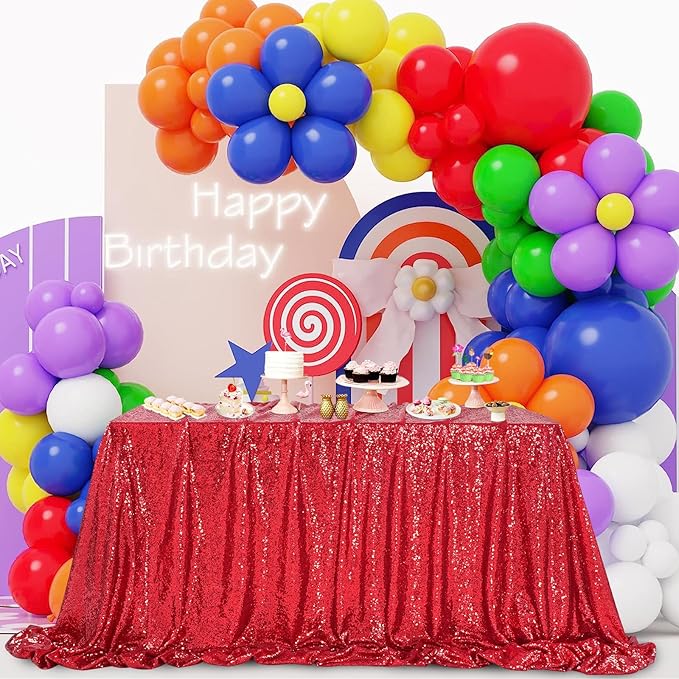 QueenDream Red Sequin Decorative Party Tablecloth: Large Shimmer Dessert Table Overlay 90x90 Inch Dinner Table Drapes Cocktail Xmas Decor