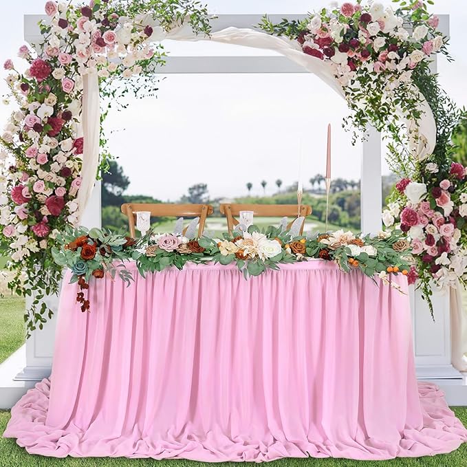QueenDream Pink Chiffon Table Skirt 6ft Pink Table Cloth for Rectangle Tables Birthday Princess Girl Baby Shower Party