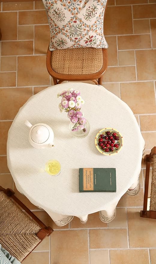 ISAENNE Designer Off White Linen Small Round Tablecloth,Floral Elegant Table Cloth,Stain Resistant Vintage Decor Tablecloths for Dining Thanksgiving Kitchen Christmas,Diameter 55"-Serenity G