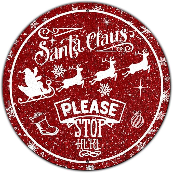 Round Metal Tin Sign - Santa Sleigh Reindeer Vintage Sign - Santa Claus Please Stop Here Sign for Christmas Living Room Bedroom Coffee Bar - 12 * 12 in