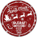 Round Metal Tin Sign - Santa Sleigh Reindeer Vintage Sign - Santa Claus Please Stop Here Sign for Christmas Living Room Bedroom Coffee Bar - 12 * 12 in