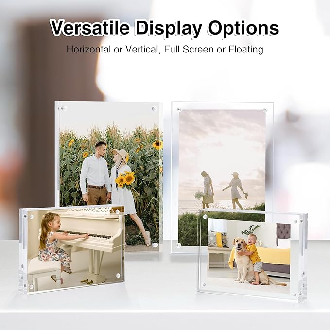 HOUSE DAY Acrylic Picture Frames 4x6, 1 Pack Magnetic 4 x 6 Picture Frame, Double Sided Clear 4x6 Photo Frame with Microfiber Cloth, Frameless FreeStanding 4x6 Frame Gift for Desktop Display