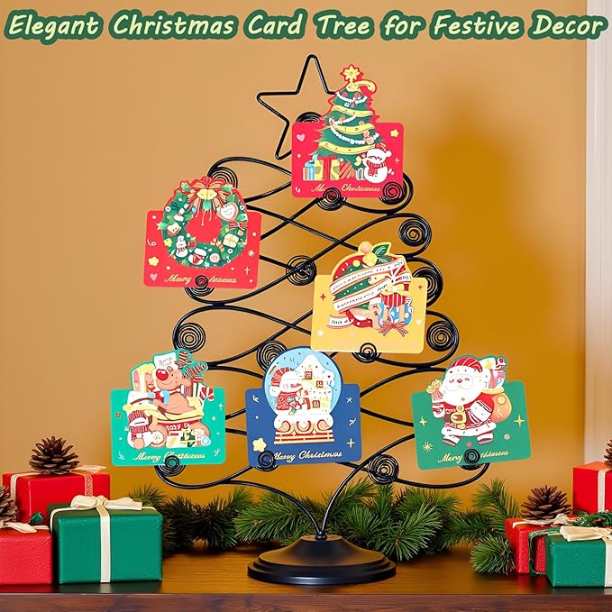 Decorative Metal Christmas Tree Card Holder, 18 Inch Tabletop Holiday Card Display Rack with Star Topper, Black Wire Tree Cards and Photo Holders Stand, Holds up to 19 Place Cards and Memos Pictures