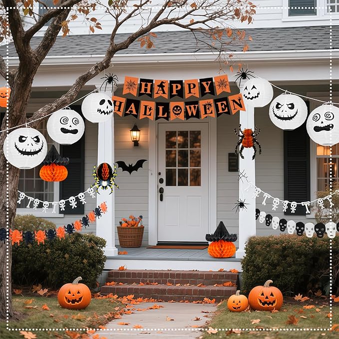 Halloween Office Decorations Indoor Kit - Pumpkin Lanterns, Bats Skull Head Banner, Spider Pumpkin Hanging Happy Halloween Banner For Office Classroom Home 14PCS