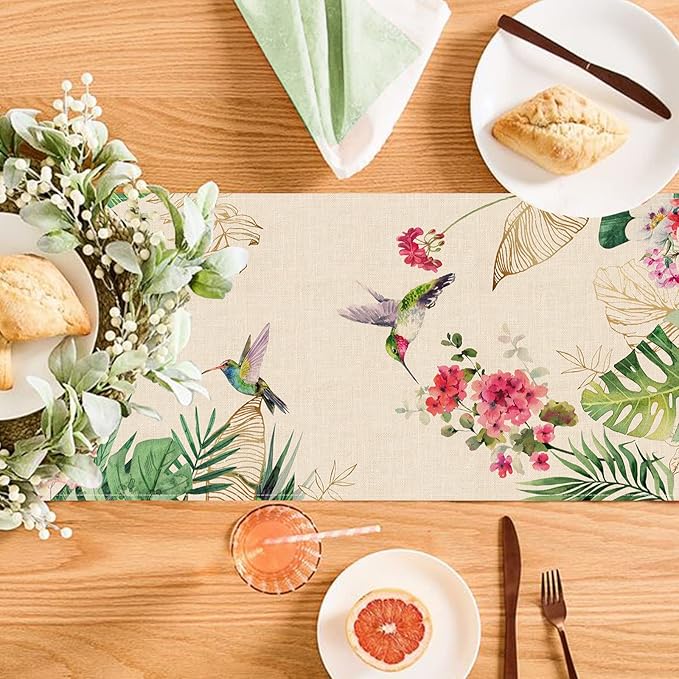Seliem Summer Tropical Hummingbird Palm Leaf Greenery Table Runner, Spring Birds Home Kitchen Monstera Geranium Flowers Dining Decor, Seasonal Burlap Decorations Anniversary Party Supply 13 x 48 Inch